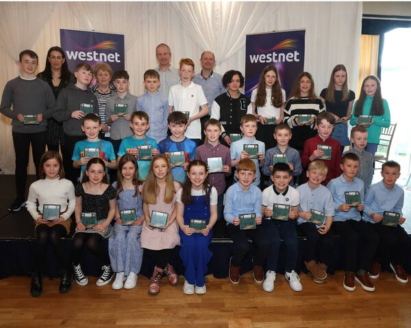 National relay medal winners at the Westnet Mayo Athletic Awards. Front row, left to right: Castlebar U10 girls - Eloise Kearney, Naomi Hanrahan, Maggie Holmes, Kayla Burke, Hannah Kelly; Erris U9 Boys – Oliver Reilly, Shane Naughton, Ben O’Connor, David Walsh and Michael Walsh. Second row, left to right: Moy Valley U11 boys – Scott Clarke, Jack Molloy, Cillian Ruane and Cian McDonnell; Claremorris U9 boys - Harry Gilligan,(missing from picture, Danny Tunney). Third row, left to right: Moy Valley U12 boys - Eoghan O’Hora, Oisin Cunnane, Darragh McHale, Daniel Gallagher and Brody Loftus Rouse; Castlebar U13 girls - Alannah Bourke, Isabelle Hanrahan, Lily Hurst, Ciara Jennings, Emma Dempsey; Sheila Hughes, secretary, Marion Mattimoe, PRO, Peter Hynes, chairperson, Mayo Co Board, and Peter Moore, Westnet (sponsors). 