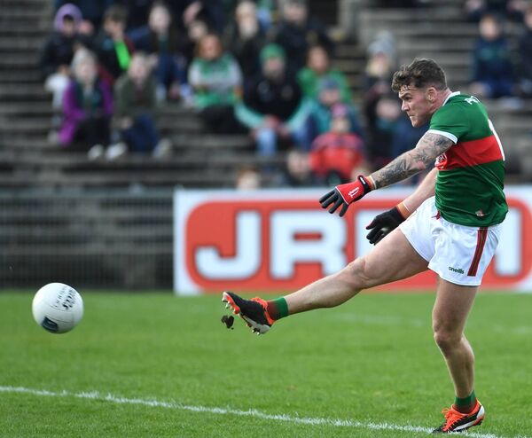 Mayo’s Jordan Flynn scores his side’s opening goal during the Allianz NFL Division 1 encounter at Hastings Insurance MacHale Park, Castlebar, last Sunday. Picture: David Farrell Photography 