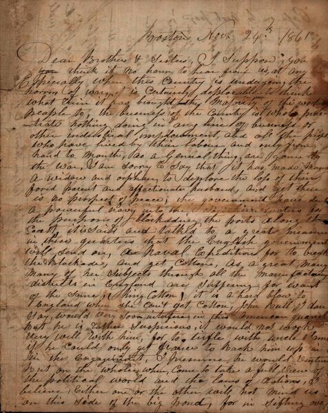 Letter from Maurice Sexton, Boston, to his brothers and sisters, [Killeen, Donoughmore, County Cork], 24 November 1861. Credit: Imirce/University of Galway/Kerby A. Miller 
