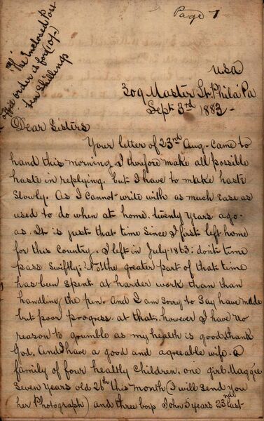 Letter from Patrick McKeown, Philadelphia, to his sisters Sarah and Mary McKeown, County Antrim, 3 September 1883. (original manuscript). Credit: Imirce/University of Galway/Kerby A. Miller 