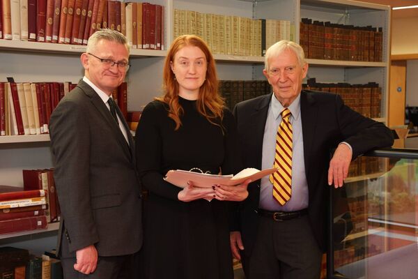 Kerby A. Miller along with Digital Archivist Marie-Louise Roget and Professor Breandán Mac Suibhne at the University of Galway Library to mark the launch of Imirce, a digital repository of thousands of Irish emigrant letters. Picture: Aengus McMahon