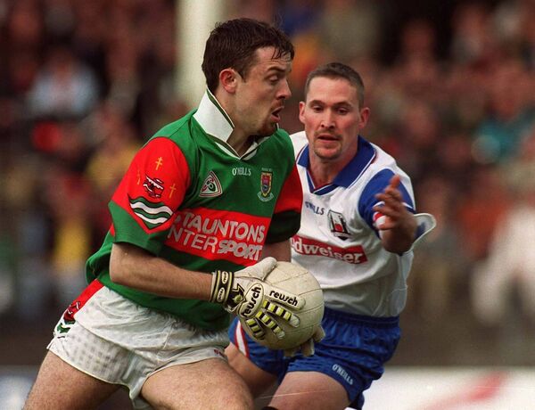 The late Ger Brady against Seán Teague of New York during the Connacht Senior Football Championship Quarter-Final match between Mayo and New York at MacHale Park in Castlebar. Picture: Brendan Moran/Sportsfile