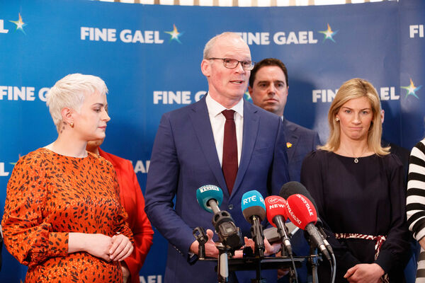 Fine Gael deputy leader Simon Coveney with candidates Maria Walsh (left) and Nina Carberry and delegates at the Fine Gael selection convention for the Midlands-North West constituency for the European Parliament, at the Sheraton Hotel, Athlone.