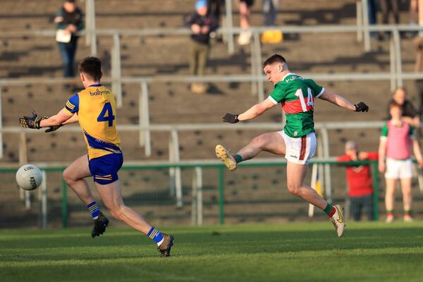 Niall Hurley slams home the first of three first-half goals scored by Mayo.
