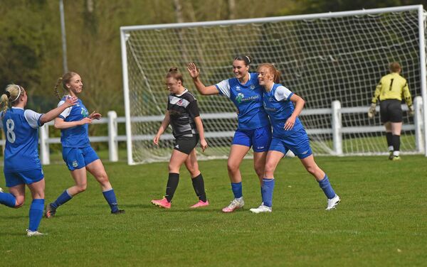 Manulla's Tracey Hall (far right) celebrates with team mates after scoring. Picture: Conor McKeown