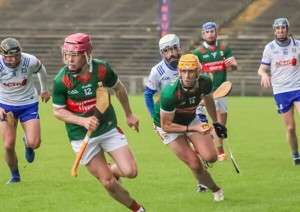 Liam Lavin and Cormac Phillips, right, on the attack for Mayo in their comprehensive victory over Monaghan in Sunday's Nicky Rackard Cup clash.	Picture courtesy of Mayo GAA