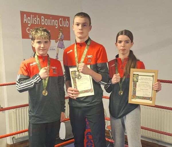 Ryan Nolan, Ethan Duffy and Emma Rattigan who represented Aglish BC with distinction at the National Boxing Championships in Dublin.
