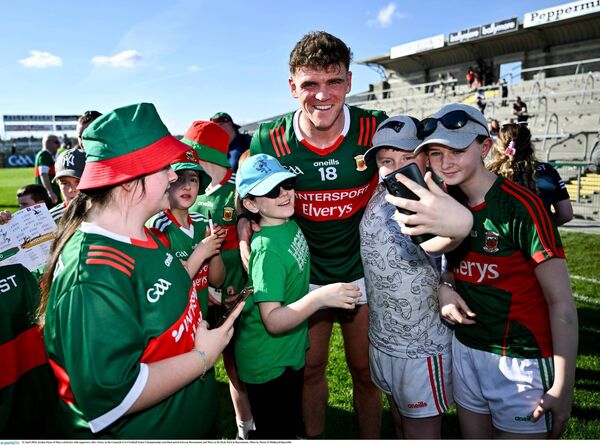 Jordan Flynn celebrates with Mayo supporters after his side's five-point victory. Picture: Piaras Ó Mídheach/Sportsfile Jordan Flynn celebrates with Mayo supporters after his side's five-point victory. Picture: Piaras Ó Mídheach/Sportsfile