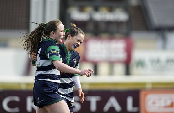 Grace Kennedy celebrates scoring one of her two tries against Tuam/Oughterard.