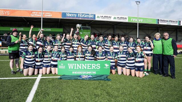 <p>The Ballina team after winning the Connacht Rugby Bank of Ireland Under 18 Girls Cup Final at Dexcom Stadium, Galway.	Pictures: INPHO/James Lawlor</p>
