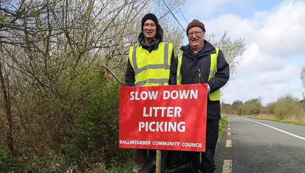 Louis Walsh and Martin Moran were out on site early collecting rubbish as part of Ballintubber Community Council spring clean. Pic by Tom Quinn