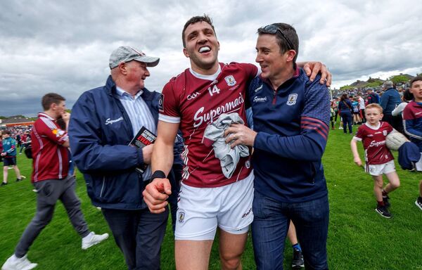 Damien Comer celebrates with Galway fans after the game. Damien Comer celebrates with Galway fans after the game.