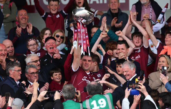 Galway captain Sean Kelly lifts the Nestor Cup following his side's dramatic victory over Mayo at Pearse Stadium on Sunday.	Pictures:  INPHO