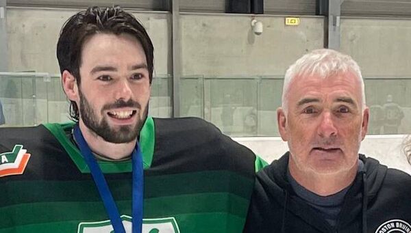 Jack Gallagher pictured with his dad Marty Gallagher Boston USA and formerly of Bushfield Charlestown. Jack is a member of the Irish Ice Hockey team where he keeps goal. Jack Gallagher pictured with his dad Marty Gallagher Boston USA and formerly of Bushfield Charlestown. Jack is a member of the Irish Ice Hockey team where he keeps goal.