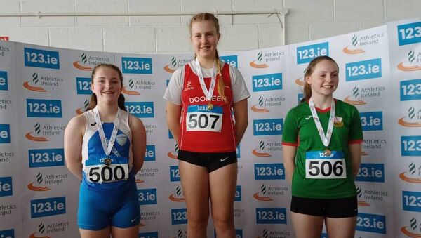 Pictured with her fellow victorious contestants is Áine Ramsey from Ballyglass, who secured an impressive second place in the All-Ireland U14 Shot Putt championship recently. Pictured with her fellow victorious contestants is Áine Ramsey from Ballyglass, who secured an impressive second place in the All-Ireland U14 Shot Putt championship recently.