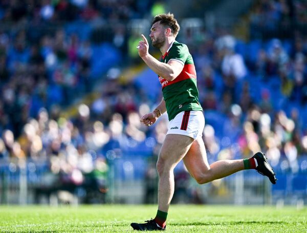 Aidan O'Shea celebrates scoring Mayo's goal against Roscommon in last month's Connacht SFC semi-final at Dr Hyde Park.
