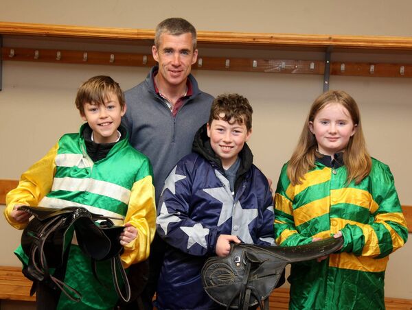 School children at the Horse Racing Ireland (HRI) Racing Juniors education day at Ballinrobe Racecourse on Monday May 13 with jockey, Derek O'Connor School children at the Horse Racing Ireland (HRI) Racing Juniors education day at Ballinrobe Racecourse on Monday May 13 with jockey, Derek O'Connor