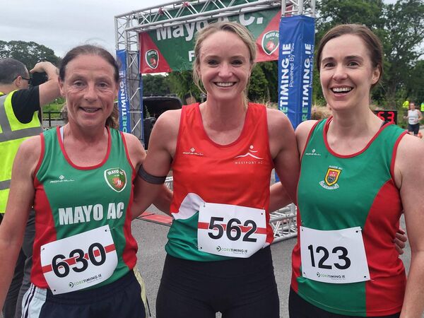First three women at Westport 5k, from left, Colette Tuohy (2nd, Mayo AC), Hillary Hughes (1st, Westport AC) and Helen Hopkins (3rd, Mayo AC). First three women at Westport 5k, from left, Colette Tuohy (2nd, Mayo AC), Hillary Hughes (1st, Westport AC) and Helen Hopkins (3rd, Mayo AC).