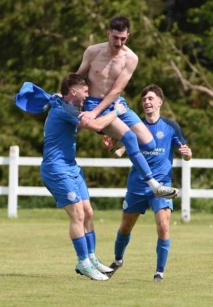 Moyne Villa’s Dean O’Malley celebrates scoring a goal extra time with his team mates during the Connacht Shield final at Umbro Park, Castlebar, last Sunday. Picture: David Farrell Photography 