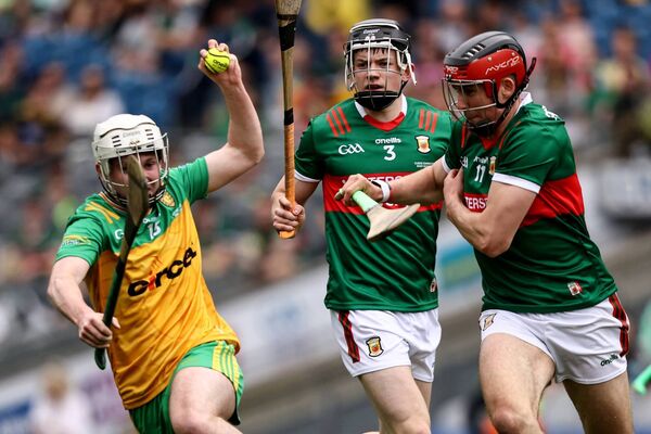 Donegal's Ruairi Campbell (left), who finished with 1-2. holds off Adrian Philips of Mayo. Picture: INPHO/Ben Brady Donegal's Ruairi Campbell (left), who finished with 1-2. holds off Adrian Philips of Mayo. Picture: INPHO/Ben Brady