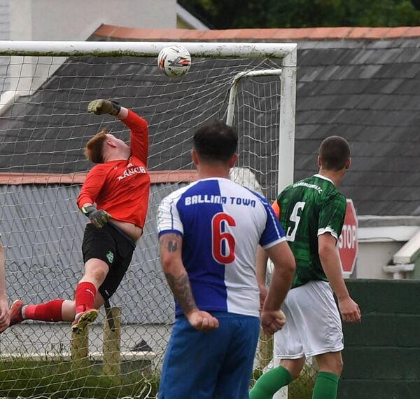 Ballina Town’s Daniel Gorman (No 6) sees his superb strike sail to the back of the Claremorris net during the Westaro Cup semifinal at Concannon Park, Claremorris, last Sunday. Picture: David Farrell Photography 
