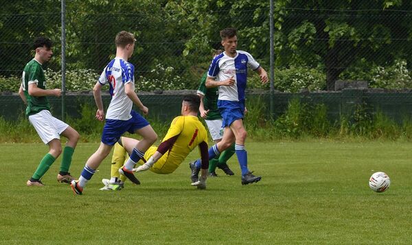 Ben Smyth, Claremorris, scores his side’s only goal during the Westaro Cup semifinal at Concannon Park, Claremorris, last Sunday. Picture: David Farrell Photography 
