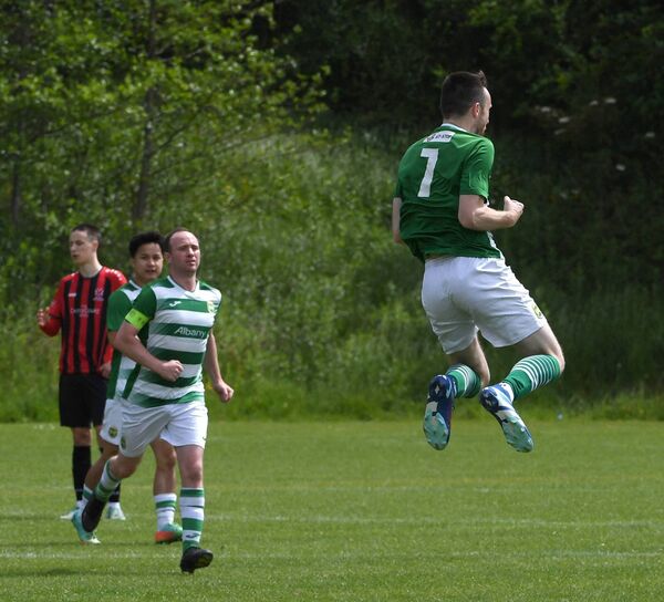 Jump for Joy! Castlebar Celtic’s Dylan Edwards celebrates after opening the scoring with a superb free-kick. Jump for Joy! Castlebar Celtic’s Dylan Edwards celebrates after opening the scoring with a superb free-kick.