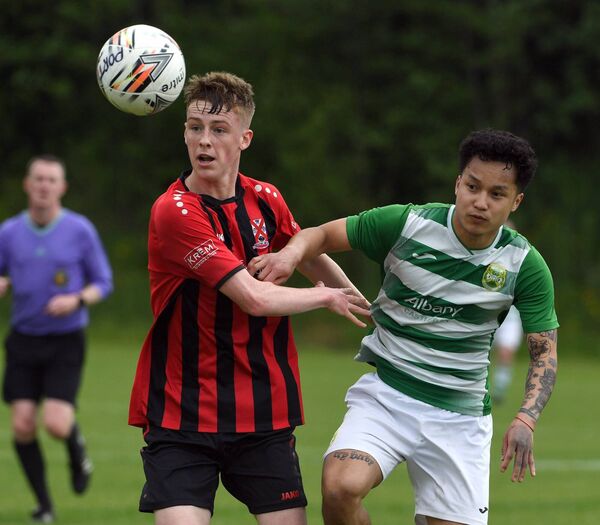 Castlebar Celtic’s Basho Hay in action against Westport United’s Harrison Quinn. Castlebar Celtic’s Basho Hay in action against Westport United’s Harrison Quinn.