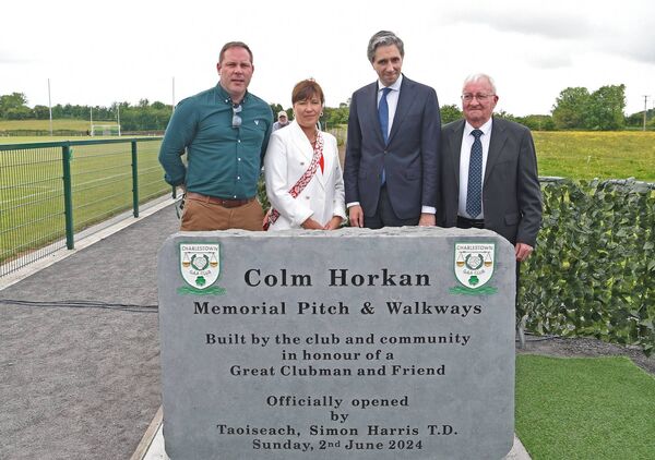  Pictured at the official opening were, from left: Ronan Kirrane, Secretary Mayo GAA; Valerie Murphy, Treasurer Mayo GAA; An Taoiseach Simon Harris and Marty Horkan. 