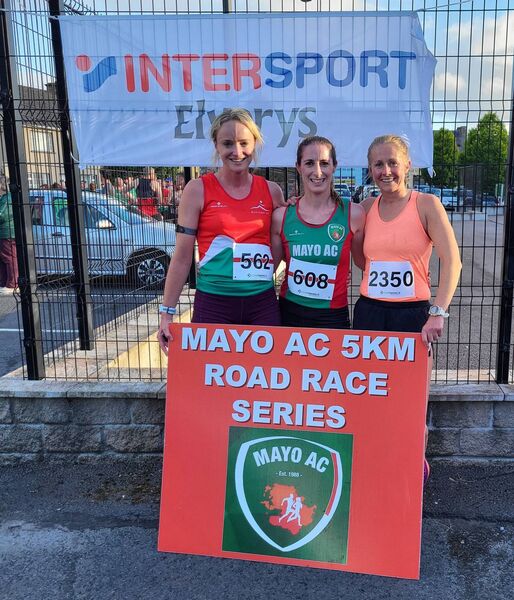Medallists at the Ballinrobe 5k, Hillary Hughes, Westport AC (2nd), Norah Newcombe Pieterse, Mayo AC (1st), and Kate Collins Smyth, GCH (3rd). Medallists at the Ballinrobe 5k, Hillary Hughes, Westport AC (2nd), Norah Newcombe Pieterse, Mayo AC (1st), and Kate Collins Smyth, GCH (3rd).