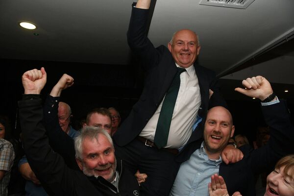 Independent Cllr Patsy O'Brien celebrates after he topped the poll in the Claremorris electoral area. Picture by: John O'Grady