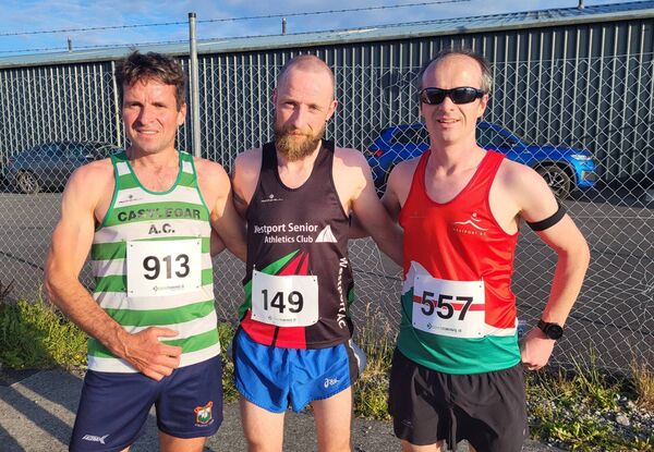 The top three finishers in Claremorris last Tuesday, from left: Francis King, 3rd, Castlegar AC; Eamonn Staunton, 1st, Westport AC; David Hickey, 3rd, Westport AC.