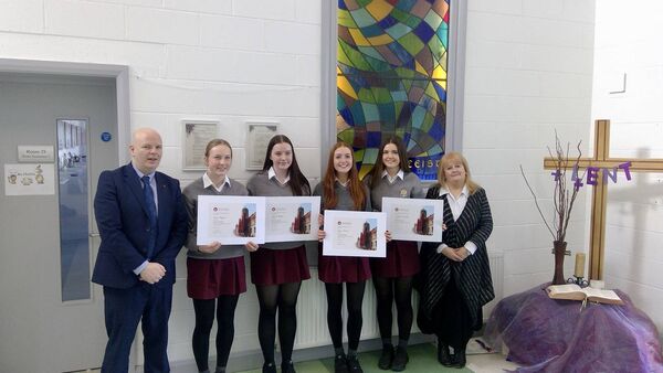 Congratulations to Mount St Michael students Emma Higgins, Órlaith Brogan, Isobel Phillips and Síofra Ní Chonaire who were presented with Irish Recognition Awards from University of Galway. They achieved a Distinction in Higher Level Irish in their Junior Cycle exams. They are pictured here with principal Ciarán Ryan and Ms Mary Browne, a member of the Irish Department in the secondary school. Picture: Trish Forde Congratulations to Mount St Michael students Emma Higgins, Órlaith Brogan, Isobel Phillips and Síofra Ní Chonaire who were presented with Irish Recognition Awards from University of Galway. They achieved a Distinction in Higher Level Irish in their Junior Cycle exams. They are pictured here with principal Ciarán Ryan and Ms Mary Browne, a member of the Irish Department in the secondary school. Picture: Trish Forde