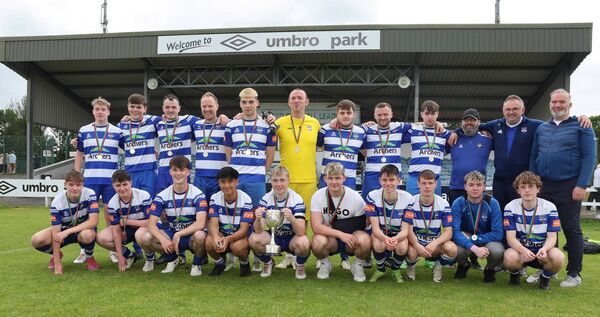 Ballina Town 'B' and management with the McDonnell Cup after defeating Bangor Hibs in the McDonnell Cup Final in Umbro Park, Milebush. Pictures: Michael Donnelly