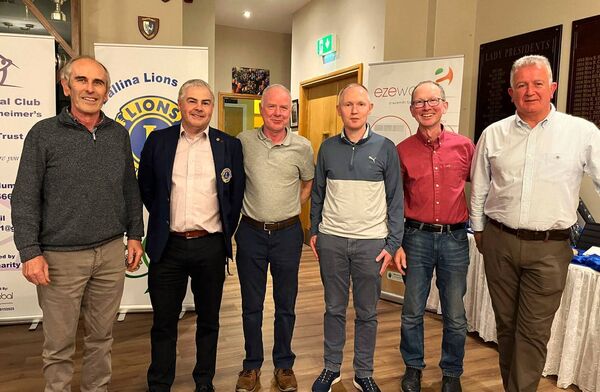 Winners of the second team prize at the recent Ballina Lions Club Golf Classic are pictured with members of Ballina Lions Club. From left: Seamus Mulchrone, Enda Geoghegan (President of Ballina Lions Club), Dermot Timlin, John Fox, Robert McGinty and John Carroll (Chairperson of Ballina Lions Club Golf Classic). The tournament was hosted by Ballina Golf Club.