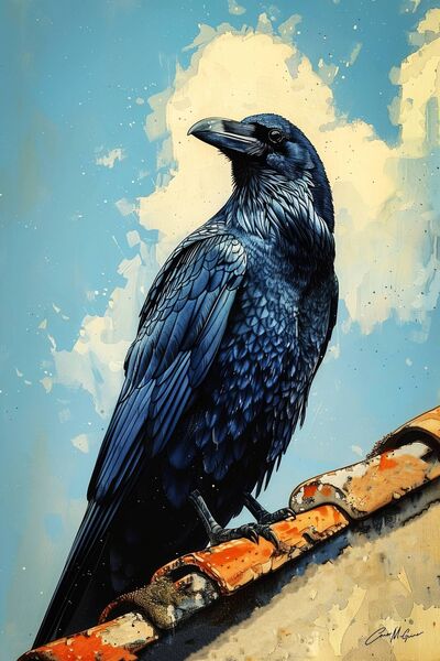 There he perches, this avian Lucifer, on the neighbour's rooftop – a crack of black on blue, as if the very sky had split open to reveal the darkness beyond. Illustration: Conor McGuire