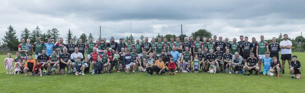 The Mayo and Sligo squads with some young supporters after their game in the Gaelic Masters Championship in Swinford last Saturday. Pictures: Martin McIntyre The Mayo and Sligo squads with some young supporters after their game in the Gaelic Masters Championship in Swinford last Saturday. Pictures: Martin McIntyre