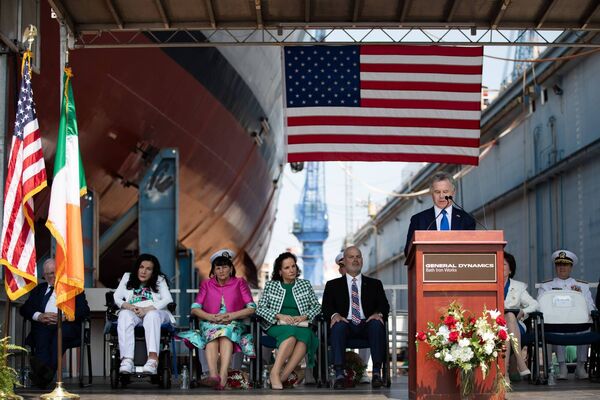 Seán Fleming, Ireland’s Minister of State for the Department of Foreign Affairs, was the principal speaker for the event and spoke of the historic ties between the United States and Ireland. He noted that 16 percent of Maine’s population can trace its roots to Ireland. The sponsors of the future USS Patrick Gallagher are the namesake’s sisters: from left, Rosemarie Gallagher, Teresa Gallagher Keegan and Pauline Gallagher.