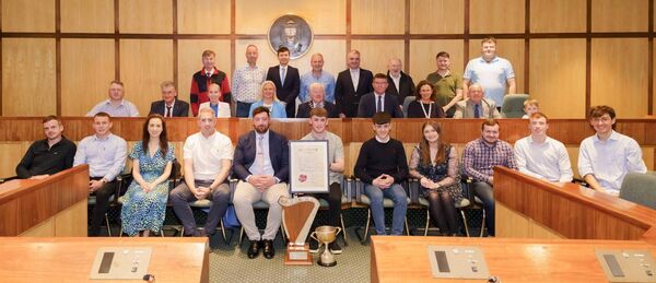Members of the Piper's Cross Céilí Band are pictured in the chamber of Mayo County Council at the civic reception in their honour. 