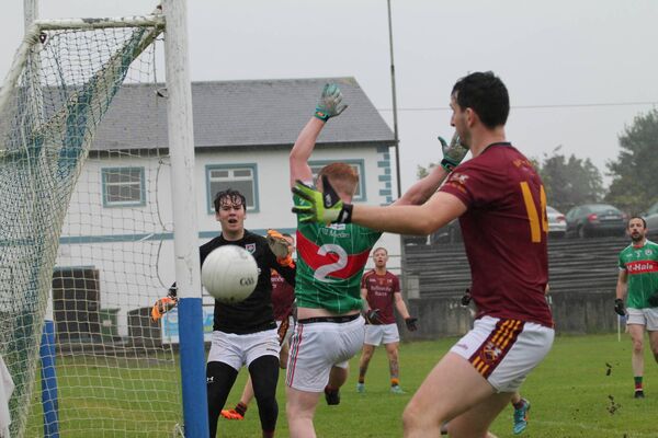 Kilmaine goalkeeper Dylan Walsh and corner-back Darragh Acton breathe a sigh of relief as the ball somehow stays out of the net.