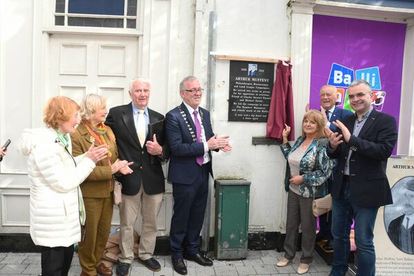 Unveiling the Arthur Muffeny memorial plaque at Pearse Street in Ballina in May 2023 were, from left: Carmel Hughes, Nancy Smyth, Michael Davitt Museum; Colm MacDonnell, Cllr Seamus Weir, Cathaoirleach, Mayo County Council; Yvonne Ahearn-Kevany, Matt Farrell and Minister of State Dara Calleary. 	Picture: John O'Grady
