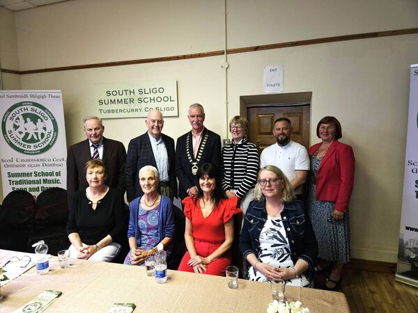 Pictured at the official opening of the South Sligo Summer School were, back row, from left: Michael Severs, Manus McGuire, Cathaoirleach of Sligo County Council Cllr Declan Bree, Nuala Mullaney, Cllr Barry Gallagher Geraldine Brennan, President of Tubbercurry Chamber of Commerce.