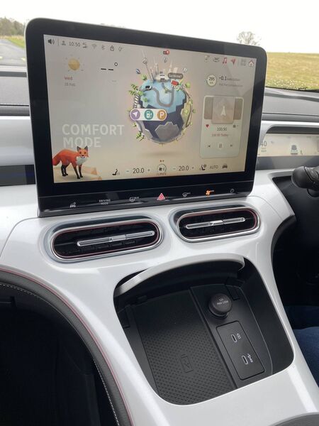 The big 12.8-inch central touchscreen that grabs your attention with its quirky graphics, including navigation, Apple CarPlay and Android Auto smartphone connection. 