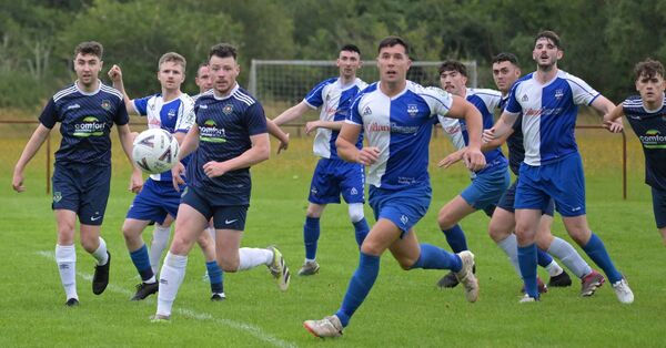 Eyes on the ball: Glenhest Rovers and Ballina Town players awaiting the ball coming into the box. Picture: John Corless Eyes on the ball: Glenhest Rovers and Ballina Town players awaiting the ball coming into the box. Picture: John Corless