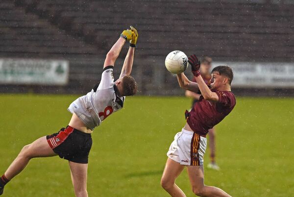 Caelan Tansey wins a kick-out for Ballinrobe during his side's victory over Swinford. Picture: Conor McKeown Caelan Tansey wins a kick-out for Ballinrobe during his side's victory over Swinford. Picture: Conor McKeown