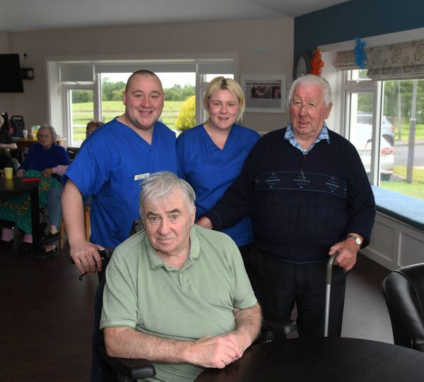 Enjoying the sheepdog demonstration at Ave Maria Nursing Home in Tooreen were staff members Darren Sullivana nd Sinead McCarty with Martin Nolan and Tom Wallace.