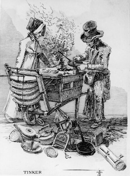 An early 19th-century engraving of a member of the Irish Traveller group, or 'Tinker' as they were then commonly known, pursue the group's traditional occupation of tinsmithing. He wears a top hat and ragged clothes as he fixes the tin pan of a woman in a bonnet. Around his stovecart are other metal objects. Image: Hulton Archive/Getty Images An early 19th-century engraving of a member of the Irish Traveller group, or 'Tinker' as they were then commonly known, pursue the group's traditional occupation of tinsmithing. He wears a top hat and ragged clothes as he fixes the tin pan of a woman in a bonnet. Around his stovecart are other metal objects. Image: Hulton Archive/Getty Images