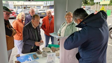 Local Notes: Geologist Benjamin Thebaudeau in full explanation mode with Ballinrobe locals at Joyce Country and Western Lakes Roadshow.