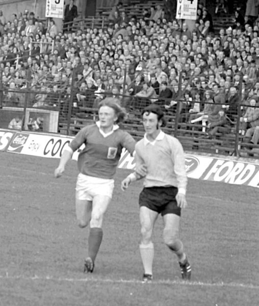 Ger Feeney holds off his marker from Antrim during the reply of the 1974 All-Ireland U21 Final at Croke Park.