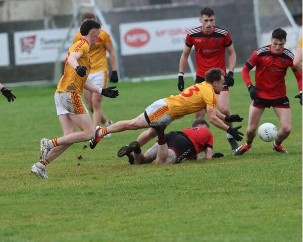 Steve Keane of Castlebar Mitchels goes over the top for this ball against Ballyhaunis. Picture: Michael Donnelly